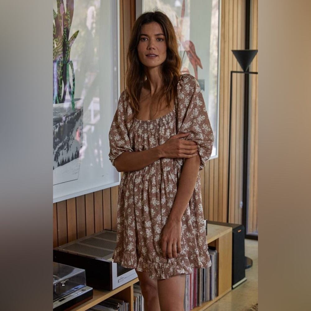 By Together Brown Floral Puff-Sleeve Mini Dress